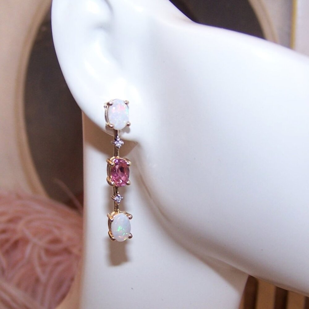 14K Gold Opal Diamond and Pink Tourmaline Dangle Drop Earrings - Posts with Nuts